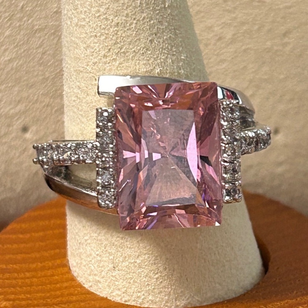 Emerald Cut Pink Gemstone Statement Ring Sterling Silver Pave Accent Band Size 7